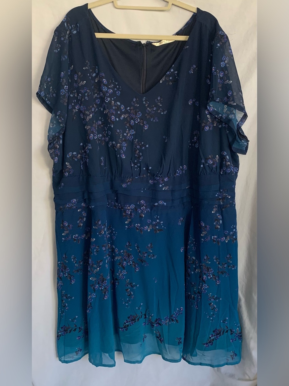 eshakti Wayward Fancies Navy and Teal Ombré Floral V-Neck Dress with Pockets!